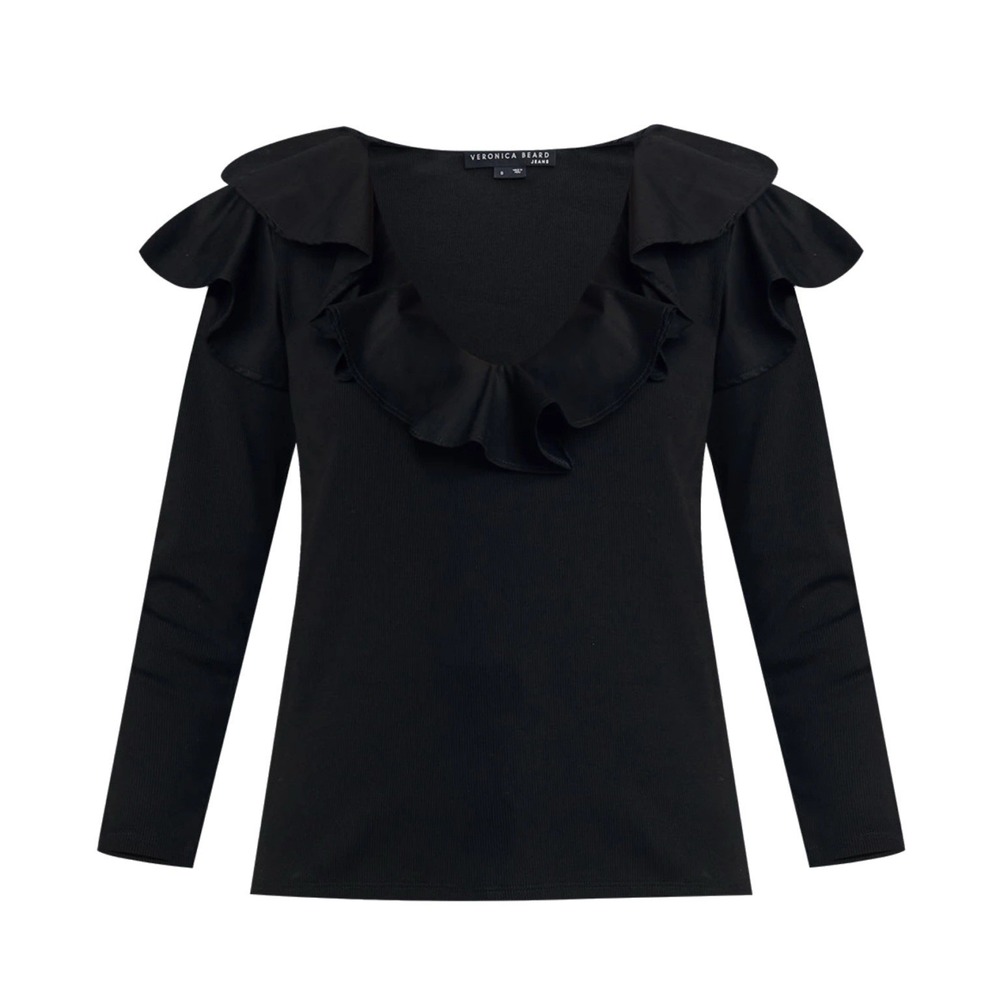 Veronica Beard Strata Ruffle V Neck Ribbed Top M Parisian French Girl Romantic